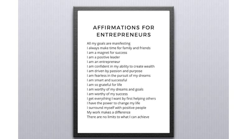 May include: A black and white printable poster with the text "Affirmations for Entrepreneurs" and a list of affirmations for entrepreneurs.