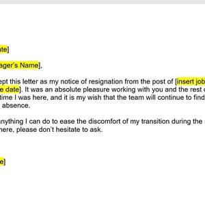 Peut inclure: Modèle de lettre de démission avec des espaces réservés pour la date actuelle, le nom du responsable, le titre du poste et la date de fin.