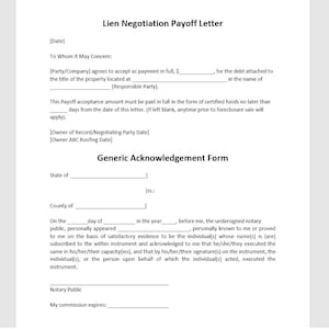 Puede incluir: Documento blanco titulado "Lien Negotiation Payoff Letter" con campos rellenables. Incluye un "Formulario de Reconocimiento Genérico" con líneas para el estado, el condado y la información del notario. El texto es en negro.