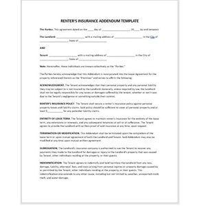 Editable Renter&#39;s Insurance Addendum, Renter&#39;s Insurance Addendum Template, Addendum Template, Insurance Template, Word Template