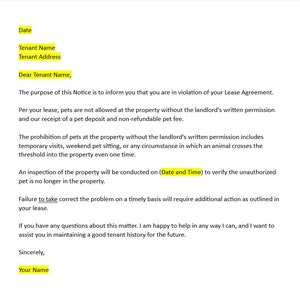 Aviso del propietario de la carta de infracción de mascotas, Aviso de plantilla de carta de infracción de mascotas, Carta de infracción de mascotas, Carta de infracción, Carta de Word