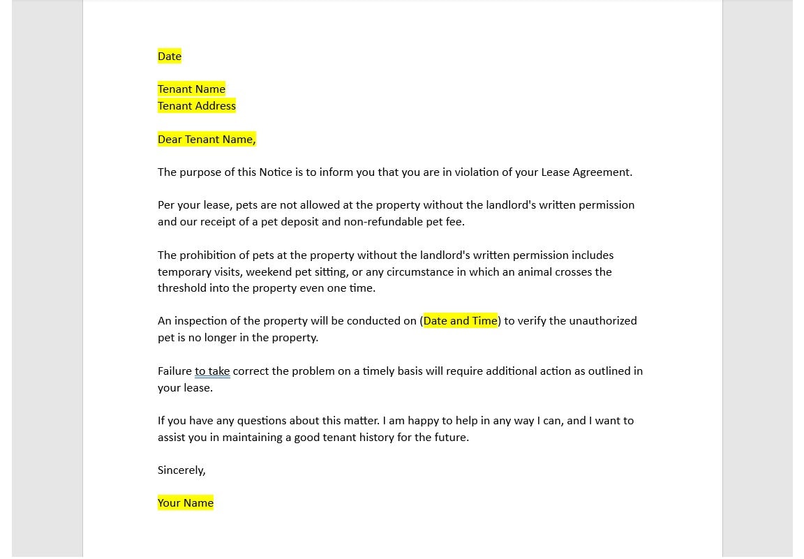 Landlord Notice of Pet Violation Letter, Notice of Pet Violation Letter Template, Pet Violation