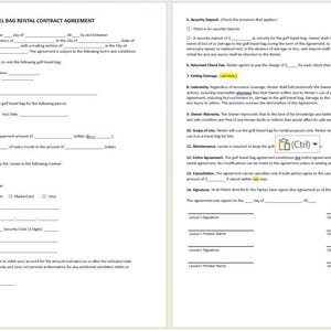 Contrato de bolsa de golf editable, plantilla de contrato de alquiler de bolsa de golf, contrato de alquiler de bolsa de golf
