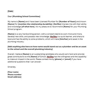 Plantilla de carta de recomendación de la escuela de plomería, Carta de recomendación de la escuela de plomería, Plantilla de carta de recomendación de la escuela de plomería