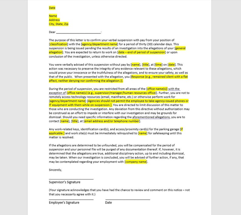 Suspension With Pay Letter Template Suspension With Pay Etsy