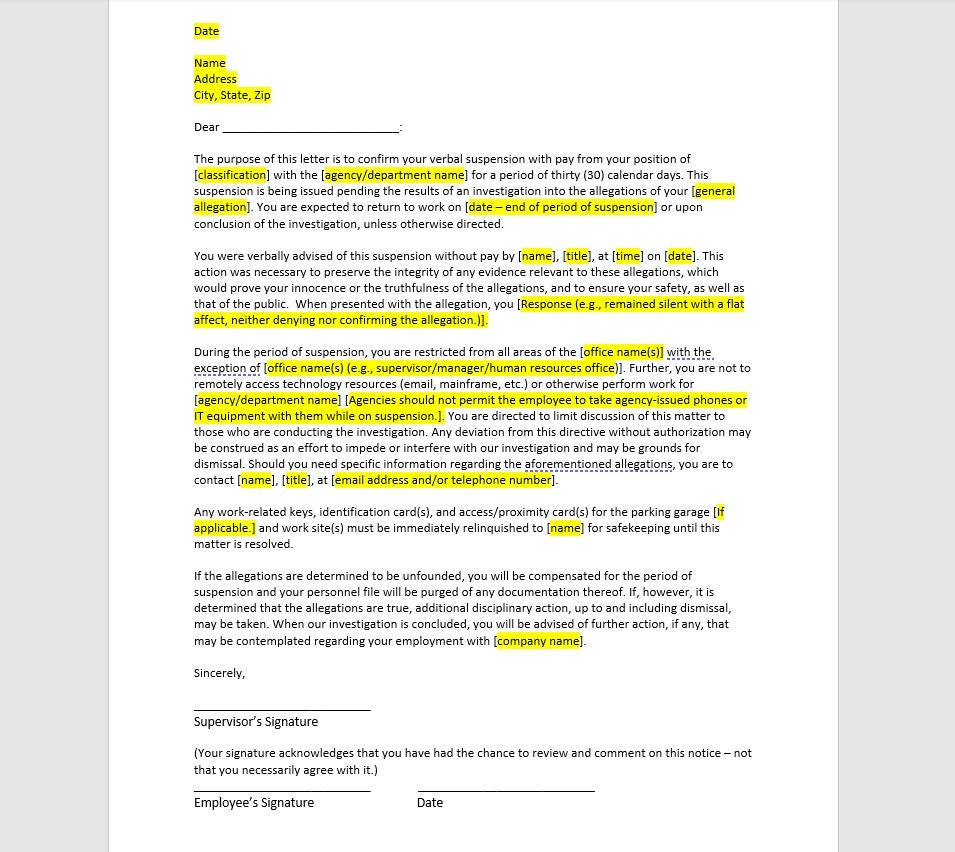 Suspension With Pay Letter Template Suspension With Pay Etsy