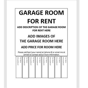 Editable Garage Room For Rent Tear-off Flyer, Tear-off Flyer Template, Garage Room For Rent Advertisement, Advertisement Flyer, Template Ad