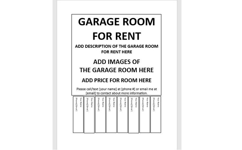 Garage Rent Advert Editable Garage Room for Rent Tear-off Flyer, Tear-off Flyer Template ...