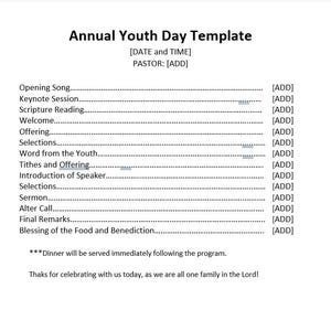 May include: A white template titled "Annual Youth Day Template" with a list of program items including "Opening Song," "Keynote Session," and "Final Remarks." The template includes placeholders for date, time, and pastor.