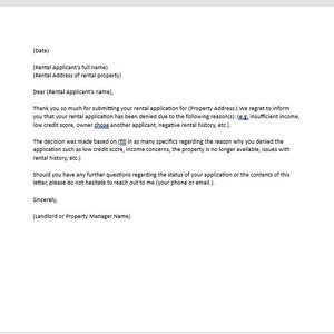 Plantilla de carta de denegación de solicitud de alquiler editable, carta de denegación de solicitud de alquiler, carta de denegación, plantilla de Word, carta simple