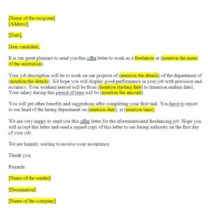 Oferta de trabajo para empleados independientes, Carta de oferta de trabajo, Carta de plantilla de oferta de trabajo, Plantilla de oferta de trabajo, Plantilla de Word, Carta simple, Carta de palabra