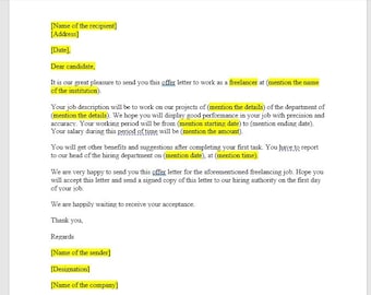 Oferta de trabajo para empleados independientes, Carta de oferta de trabajo, Carta de plantilla de oferta de trabajo, Plantilla de oferta de trabajo, Plantilla de Word, Carta simple, Carta de palabra