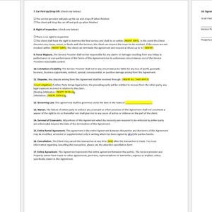 Op de afbeelding: Een autodetailing-contractformulier met secties voor informatie over de dienstverlener, klantgegevens, de omvang van de diensten en de betalingsvoorwaarden. Het formulier bevat een handtekeningsregel voor beide partijen.