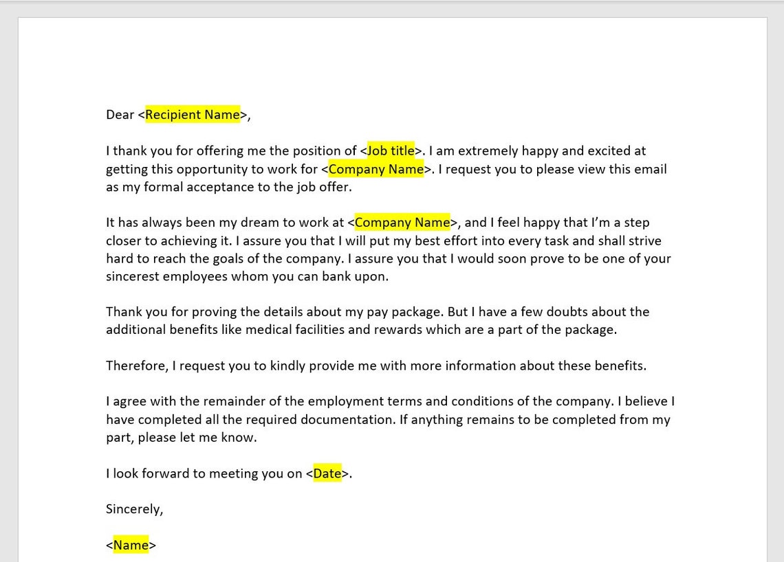 Job Offer Acceptance Letter, Job Offer Acceptance Template Letter, Job