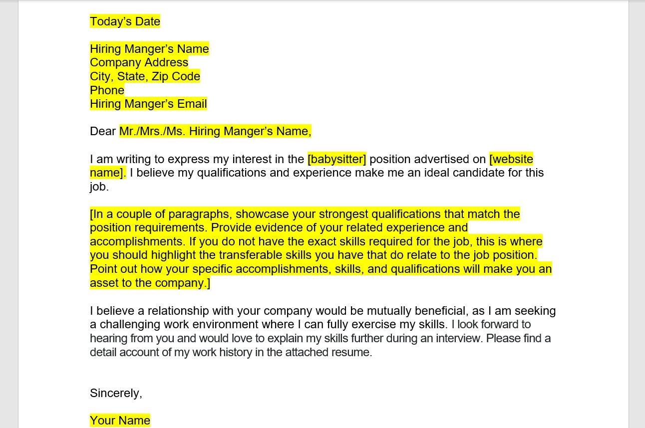 babysitting cover letter sample