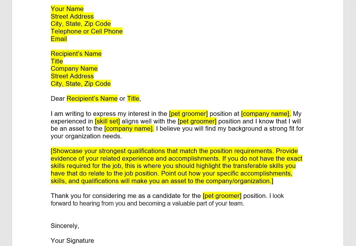 Pet Groomer Cover Letter Template Editable Cover Letter Etsy