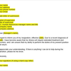 Peut inclure: Un modèle de lettre de démission avec des champs à compléter pour les informations personnelles, notamment le nom, l'adresse, le numéro de téléphone, l'adresse e-mail, la date, le nom du superviseur et les coordonnées de l'entreprise. La lettre explique la raison de la démission en raison d'un diagnostic récent et de la nécessité d'un traitement prolongé.