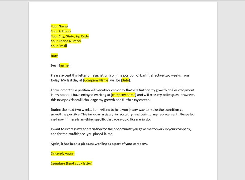 Bailiff Resignation Letter, Bailiff Resignation Letter Template