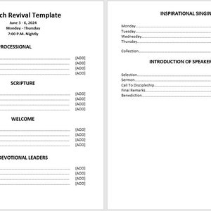 May include: A printable church revival template with a schedule for Monday through Thursday, June 3-6, 2024. The template includes sections for processional, scripture, welcome, devotional leaders, inspirational singing, and introduction of speaker.