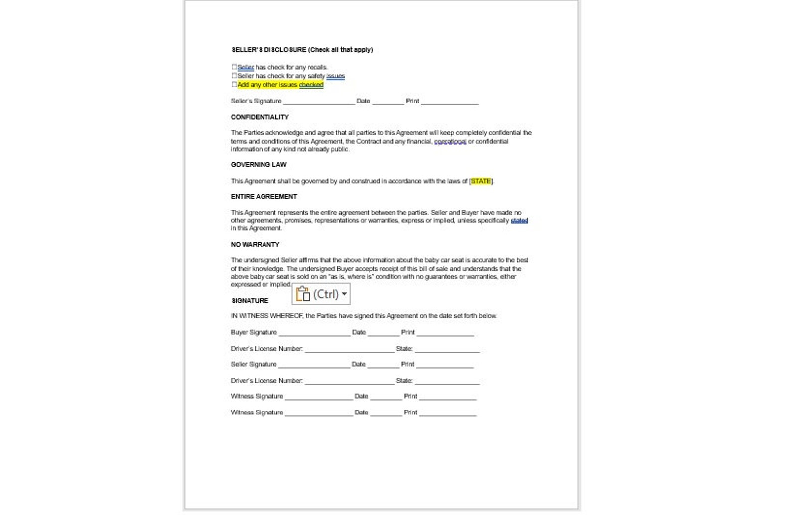 Editable Baby Car Seat Bill of Sale Template, Editable Bill of Sale