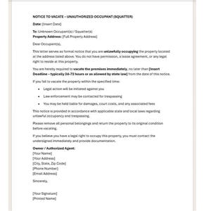 Briefsjabloon voor ontruiming, Brief voor onbevoegde inzittende, Kennisgevingsbrief krakers, Word Template