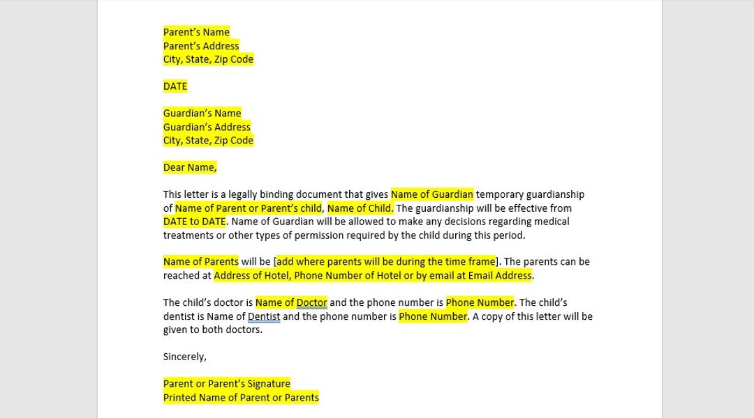Temporary Custody Letter Sample