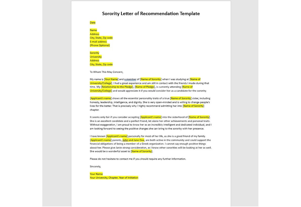 Editable Sorority Letter of Template,