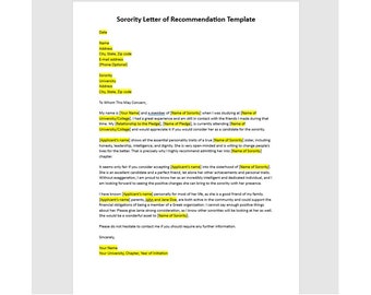 Editable Sorority Letter of Recommendation Template, Recommendation Letter Template, Sorority Recommendation Letter, Sorority Letter