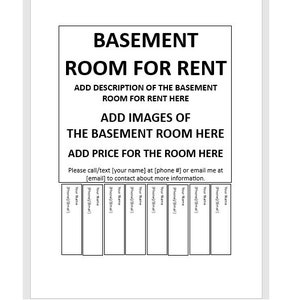 Editable Basement Room For Rent Tear-off Flyer, Tear-off Flyer Template, Basement Room For Rent Advertisement, Advertisement Flyer