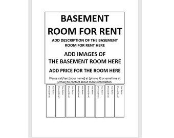 Editable Basement Room For Rent Tear-off Flyer, Tear-off Flyer Template, Basement Room For Rent Advertisement, Advertisement Flyer