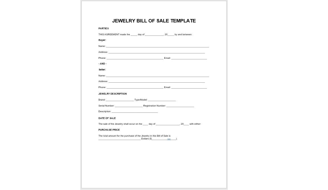 Editable Jewelry Bill of Sale Template, Editable Bill of Sale, Bill of