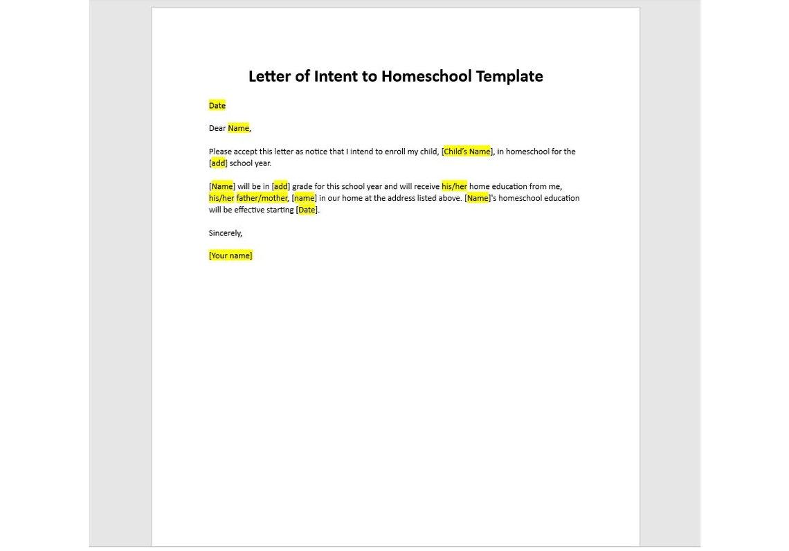 Editable Letter of Intent to Homeschool Template, Homeschool Template