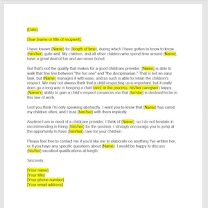 Op de afbeelding: Een formele aanbevelingsbrief voor een kinderopvangprovider. De brief benadrukt het vermogen van de provider om contact te maken met kinderen en een balans te vinden tussen plezier en discipline.