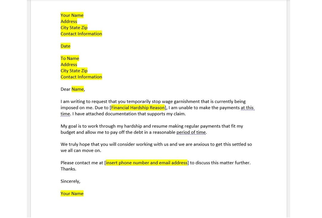 Wage Garnishment Hardship Request Letter Template, Wage Garnishment