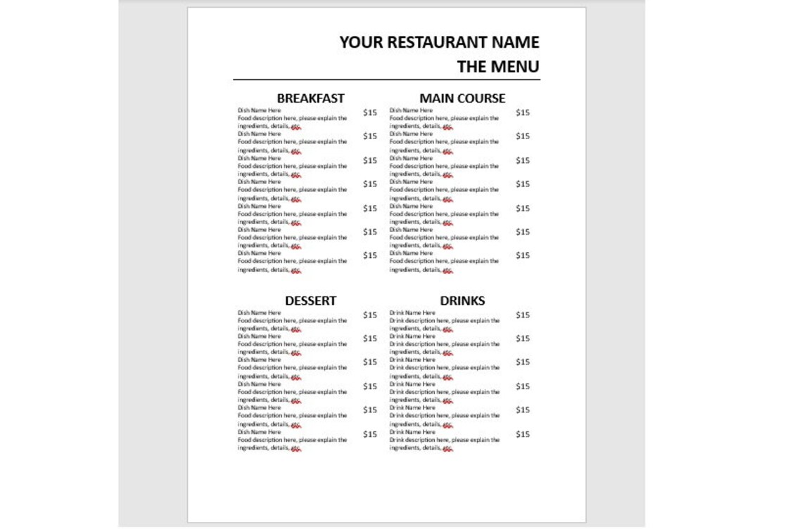 Editable Restaurant Menu, One Page Restaurant Menu, Editable Menu ...
