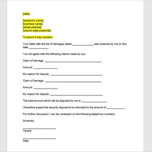 Carta al arrendador para disputar daños reclamados plantilla, carta de disputa de daños, disputa de daños, carta simple, plantilla de Word, carta de Word