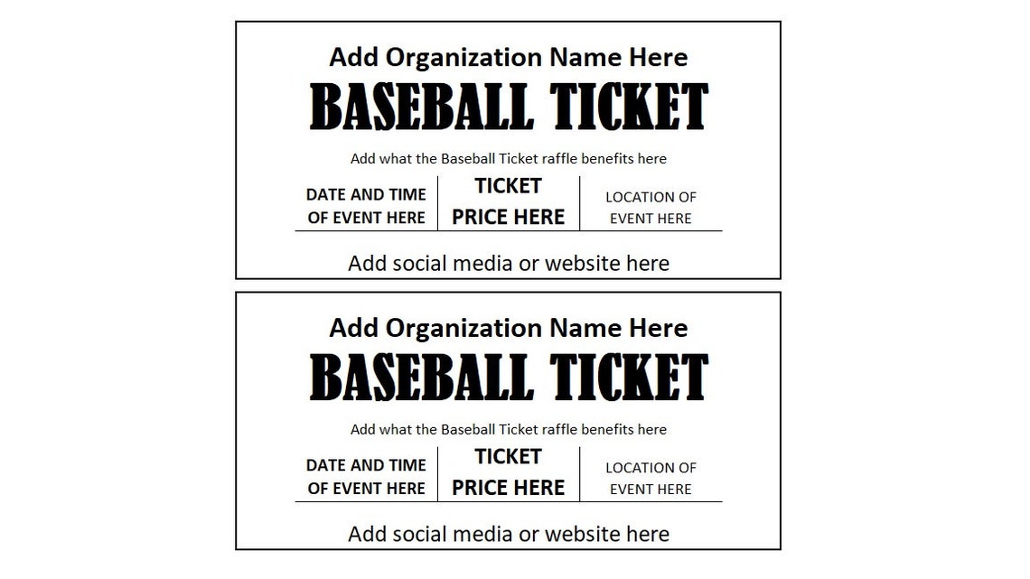 Editable Baseball Ticket, Baseball Ticket Fundraiser Ticket, Baseball