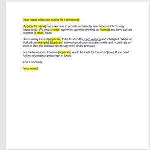 Plantilla de carta de referencia de carácter, Carta de referencia de carácter, Plantilla de referencia de carácter, Plantilla de Word, Carta de Word, Carta simple