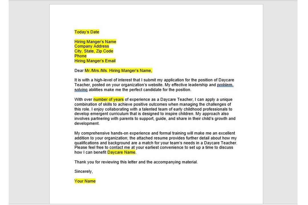 Daycare Teacher Cover Letter, Cover Letter Template, Editable Cover
