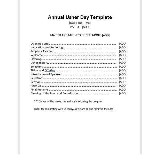Usher Day Program Template - Etsy