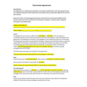 Plantilla de acuerdo de compañero de cuarto, contrato de compañero de cuarto, acuerdo de Word, acuerdo simple, contrato de alquiler, acuerdo de carta, acuerdo simple
