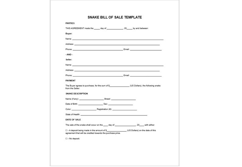 Editable Snake Bill of Sale Template, Editable Bill of Sale, Bill of ...