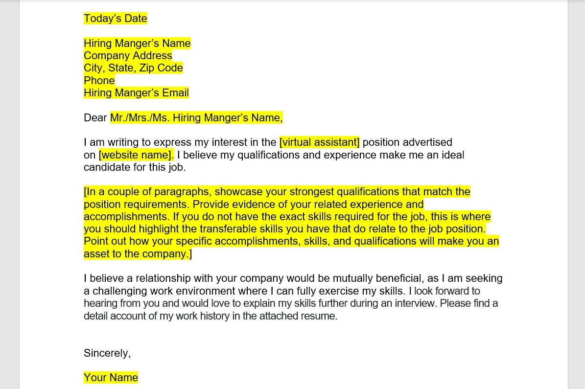 Virtual Assistant Cover Letter Cover Letter Template Editable