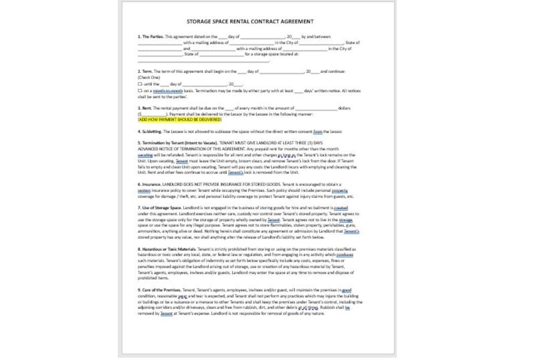 Storage Space Rental Agreement, Storage Space Rental Agreement Template