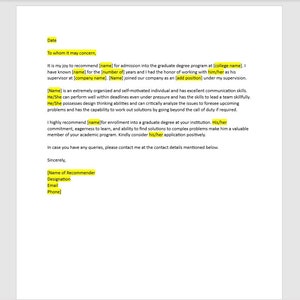Recomendación editable del empleador para la escuela de posgrado, recomendación para la escuela de posgrado, carta de recomendación, carta de la escuela de posgrado