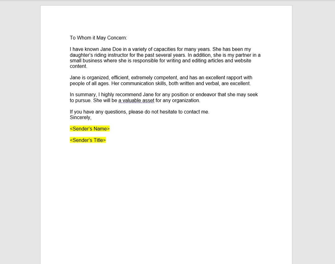 Character Reference Letter Template, Character Reference Letter