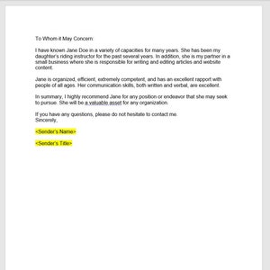 Plantilla de carta de referencia de carácter, Carta de referencia de carácter, Plantilla de referencia de carácter, Plantilla de Word, Carta de Word, Carta simple