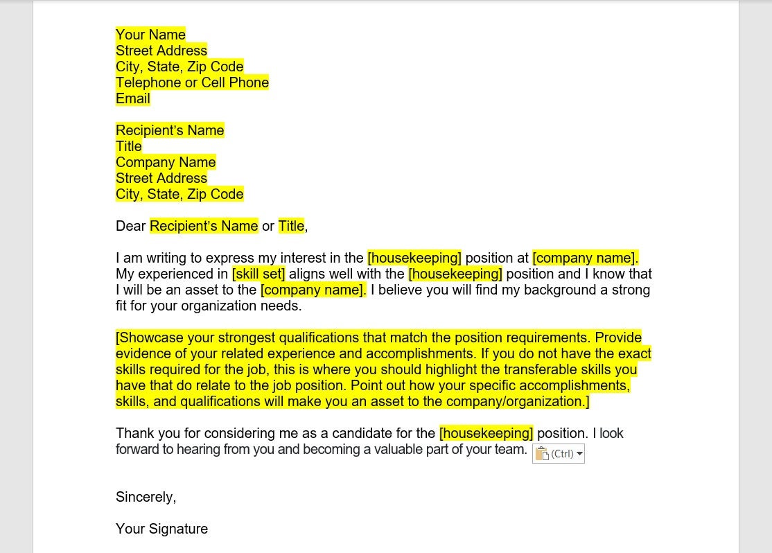Housekeeping Cover Letter, Cover Letter Template, Editable Cover Letter