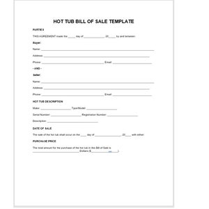 Editable Hot Tub Bill of Sale Template, Editable Bill of Sale, Bill of Sale, Hot Tub Sale, Hot Tub Bill Of Sale, Bill Of Sale Template