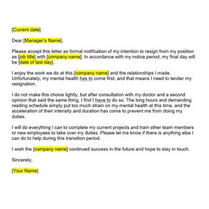 Mental Health Resignation Letter Template, Resignation Letter, Resignation Template, Resignation Letter Template, Word Template